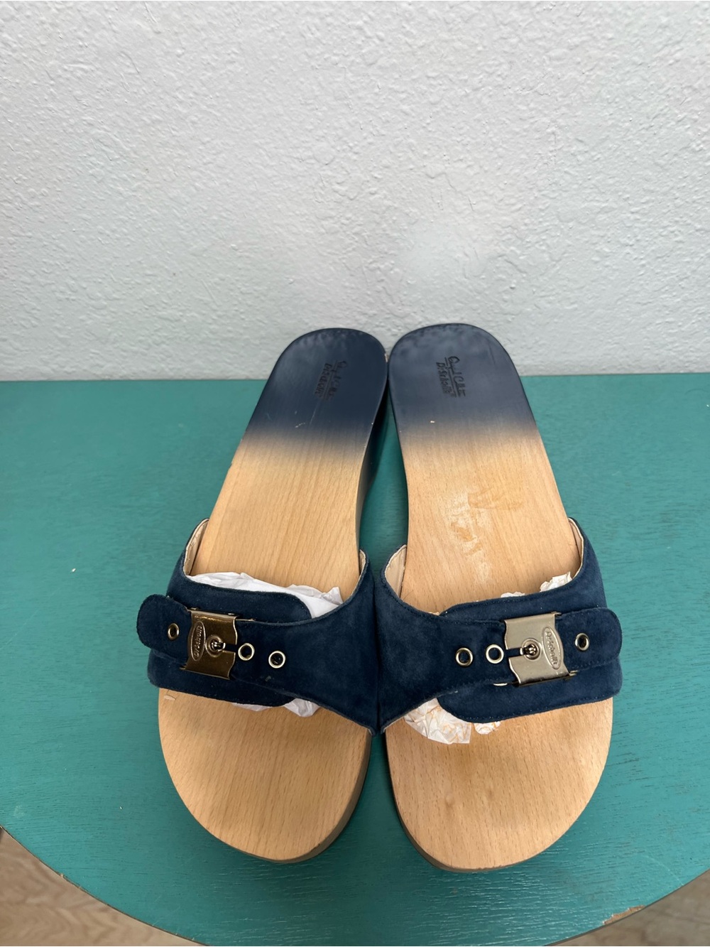 Dr Scholls Navy Suede Wooden Slide Ssndals - Picture 7 of 12